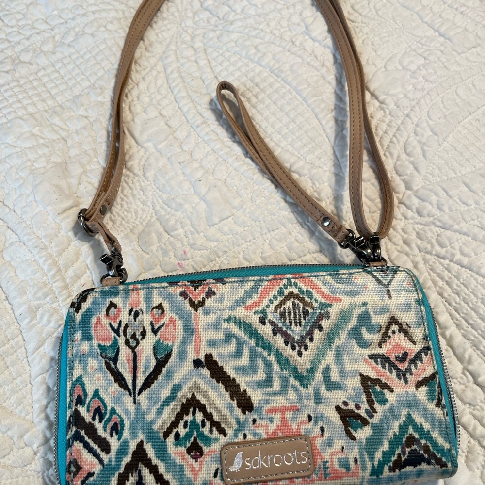 Sakroots Teal Multi-Pattern Crossbody and Wristlet with Tan Straps